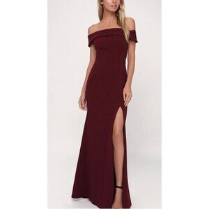 Lulus Aveline Burgundy‎ Off-the-Shoulder Long Gown High Slit Maxi Dress Size M